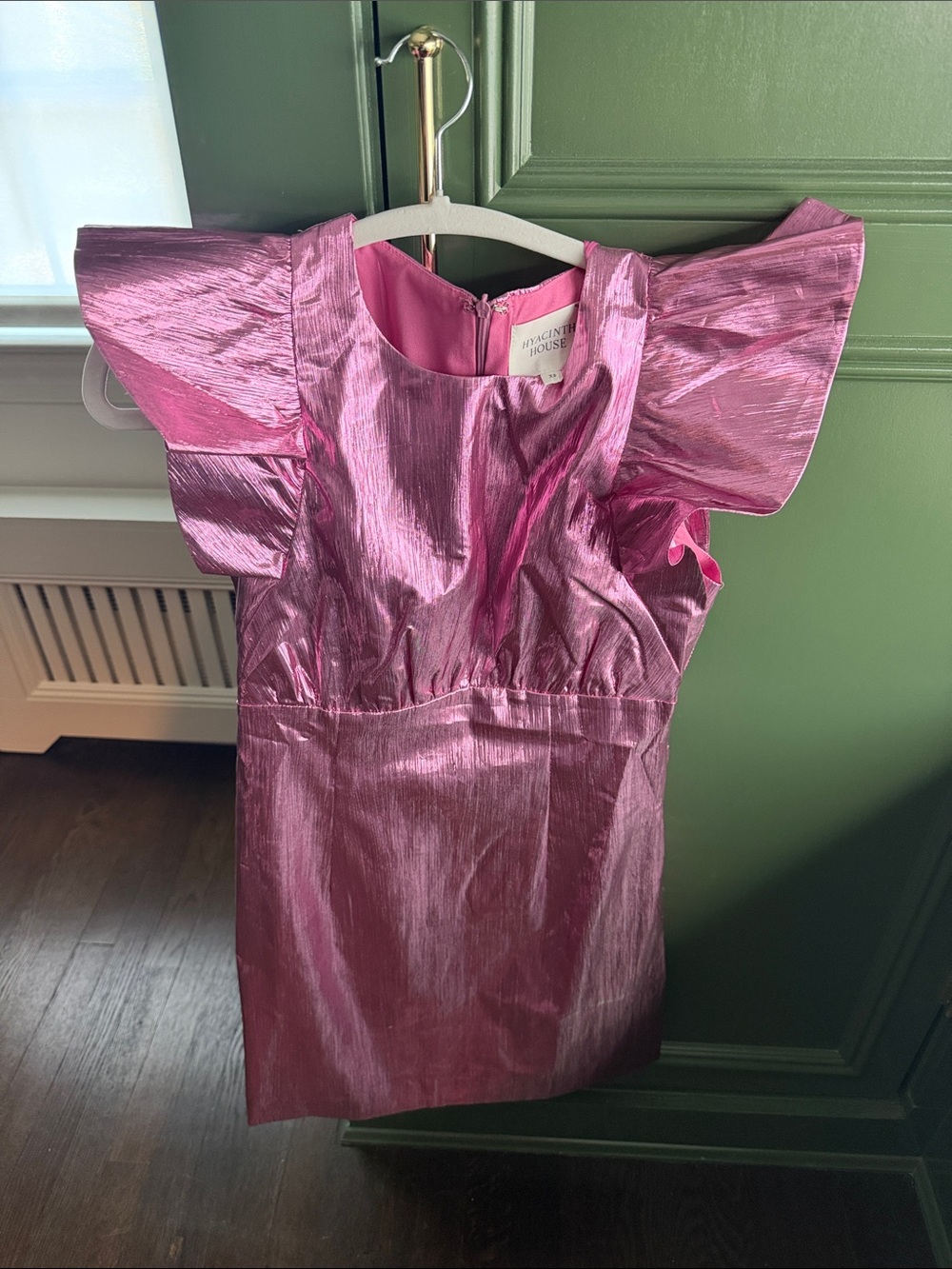 Metallic Pink Mini Dress with Ruffled Cap Sleeves